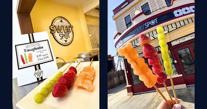 Tanghulu skewers and Sweet Spot signs at Knott's Berry Farm