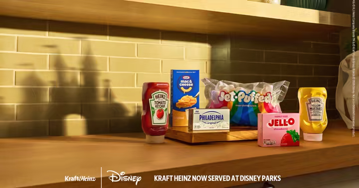 Kraft Heinz products arranged beneath a Mickey Mouse shadow with Disney and Kraft Heinz logos