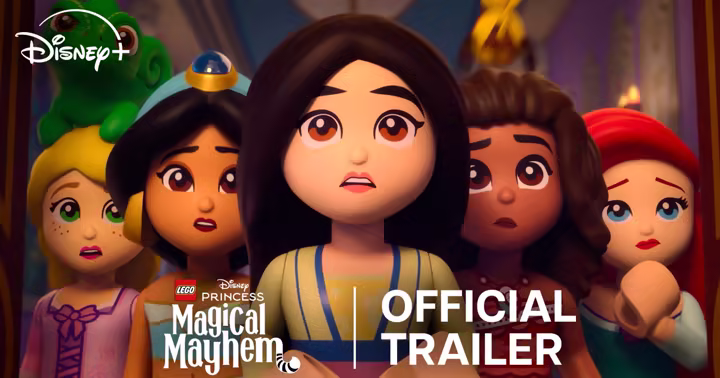 Five LEGO Disney Princess characters in the Magical Mayhem trailer