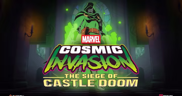 Doctor Doom above the Marvel Cosmic Invasion: The Siege of Castle Doom logo