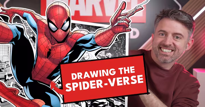 Spider-Man and the Spider-Verse beside Marvel artist Will Sliney in the Marvel Illustrated video thumbnail