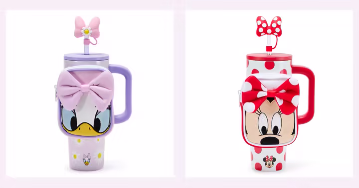 Daisy Duck and Minnie Mouse stainless steel tumblers with matching zip cases
