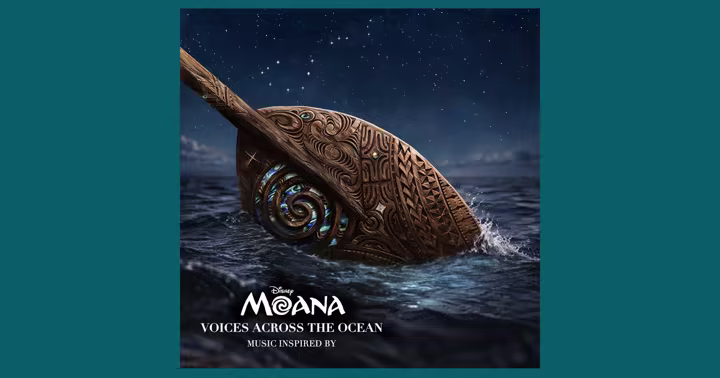 Moana: Voices Across the Ocean album cover with a carved wayfinding paddle in the ocean