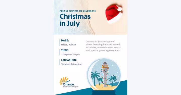 Orlando International Airport Christmas in July event art with a Santa hat and airport control tower snow globe