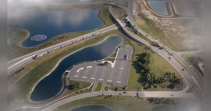 Aerial view of Surface Lot Atlantis and the Train Station at Orlando International Airport
