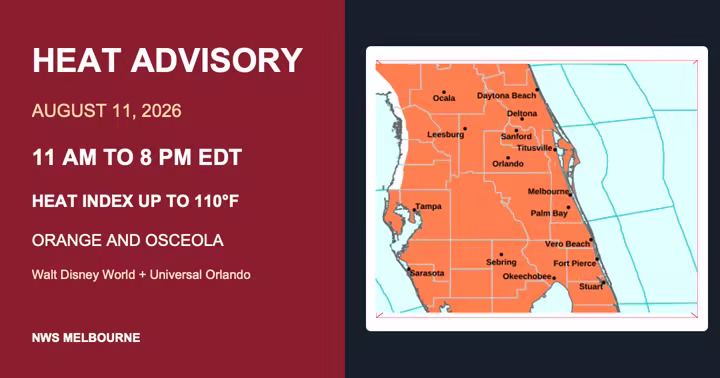 National Weather Service alert map and Heat Advisory details for Orange and Osceola counties on August 11