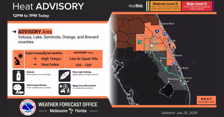 National Weather Service Heat Advisory map for Central Florida on July 25