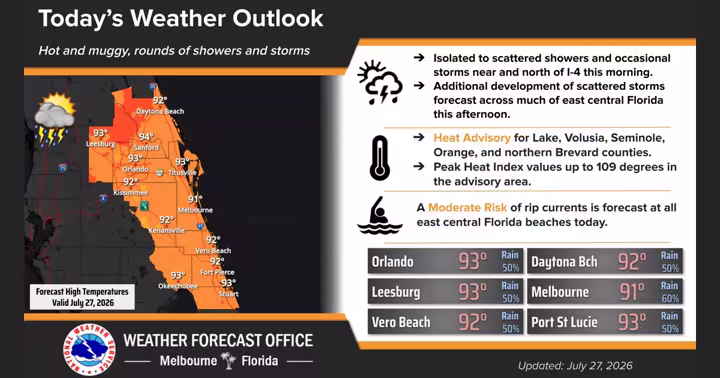 National Weather Service outlook for July 27 showing a Heat Advisory in Orange County and heat index values up to 109