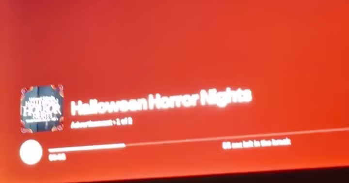 Pandora screen playing a Halloween Horror Nights audio advertisement