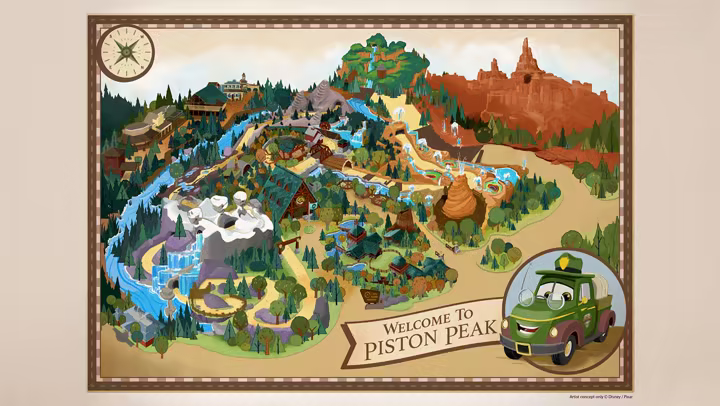 Concept art for Piston Peak National Park at Magic Kingdom