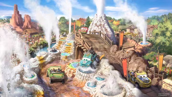 Disney concept art of the planned geyser section at Piston Peak.