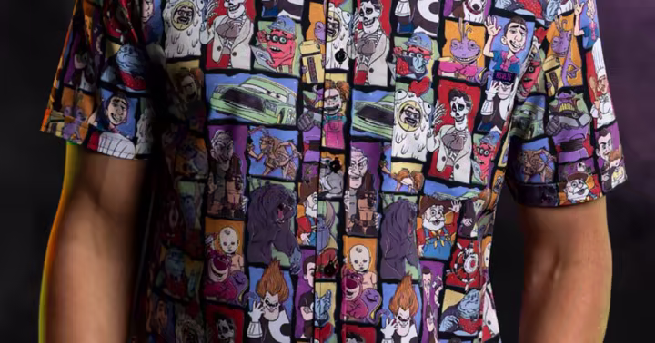 Pixar villains arranged in colorful panels on an RSVLTS shirt
