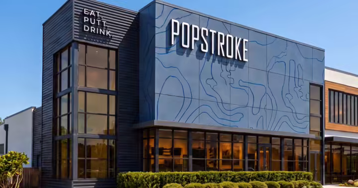 PopStroke building with its logo above the entrance