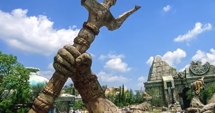 Poseidon's Fury entrance and trident at Islands of Adventure