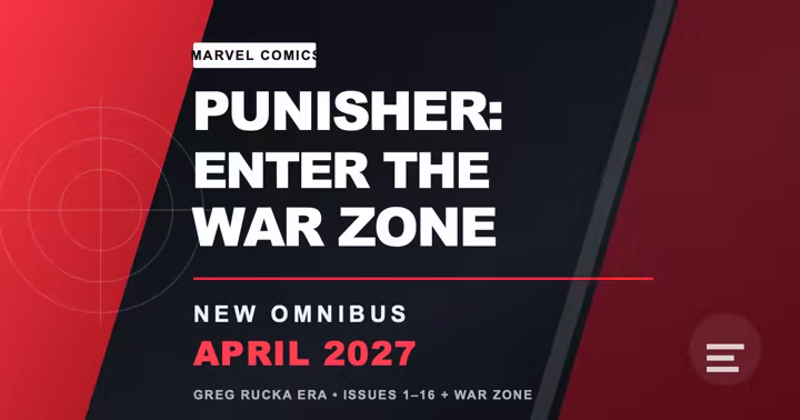 Red and white title card for the Punisher: Enter the War Zone omnibus arriving in April 2027