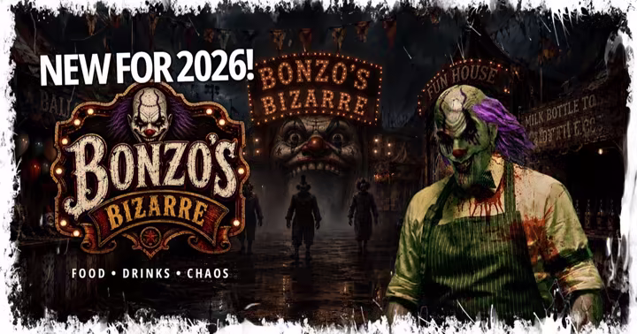 Bonzo the clown presides over Scream-A-Geddon's redesigned midway
