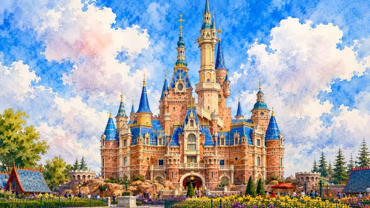 Enchanted Storybook Castle at Shanghai Disneyland with colorful gardens in front