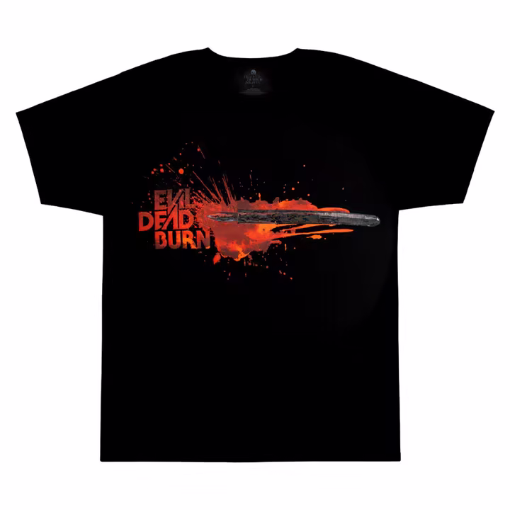 Black Halloween Horror Nights Evil Dead Burn T-shirt with red artwork