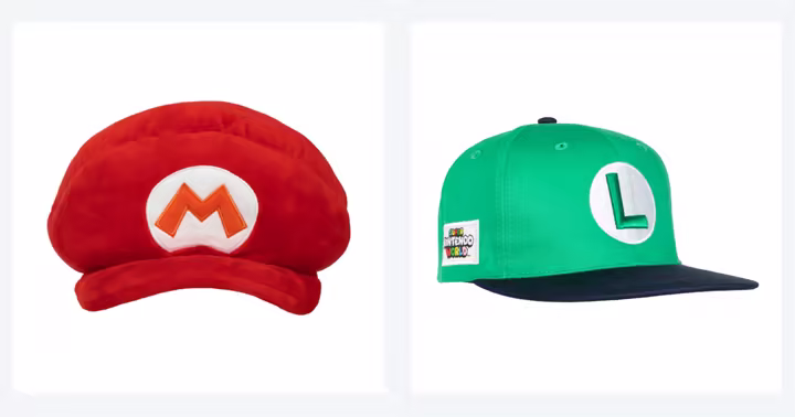 Red Mario plush hat and green Luigi cap from Super Nintendo World