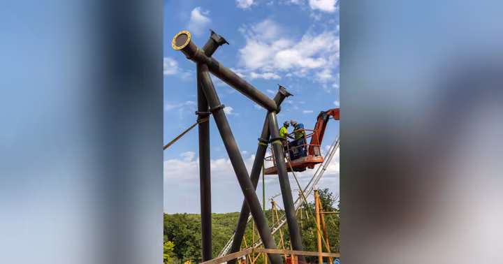 Silver Dollar City crews install vertical steel columns for Miner’s Mountain Express