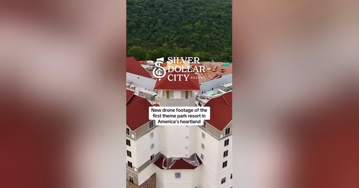 Drone view of Silver Dollar City Resort under construction in the wooded Missouri Ozarks