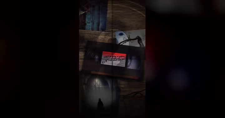 A VHS tape labeled hide to play a game of hide and clap beside a shadowy haunted house scene