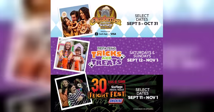 Six Flags Fiesta Texas fall event artwork for Oktoberfest, Tricks and Treats and Fright Fest