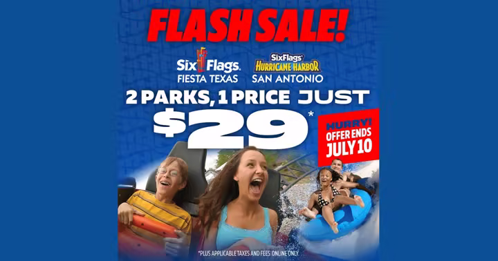 Six Flags Fiesta Texas and Hurricane Harbor San Antonio flash sale artwork for a $29 ticket