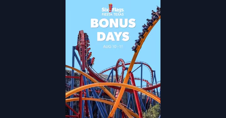 Six Flags Fiesta Texas Bonus Days artwork with roller coaster track