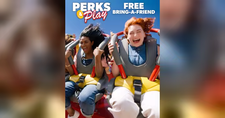 Six Flags Fiesta Texas Perks and Play free Bring-A-Friend artwork with guests on a roller coaster