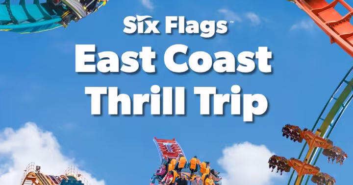 Six Flags Great Adventure Gold Membership sale artwork with riders and East Coast parks