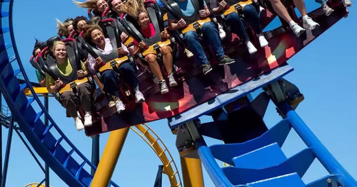 Riders on a roller coaster at Six Flags Great America