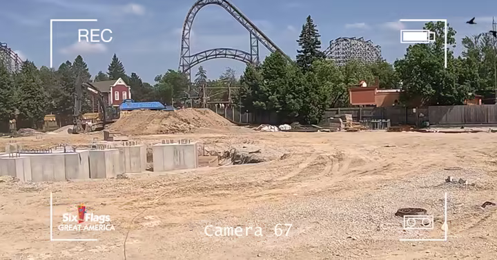 Construction foundations and an excavator in Six Flags Great America's TreeTop Adventure 2027 teaser