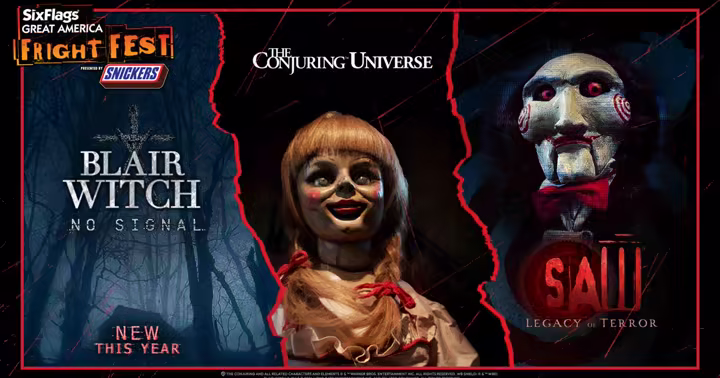 Six Flags Great America Fright Fest artwork for Blair Witch, The Conjuring Universe and SAW