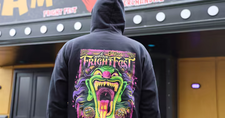 Fright Fest merchandise on a sweatshirt outside Six Flags Great America's merchandise shop