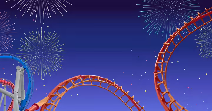 Star-Spangled Nights drone show artwork with coaster track and fireworks from Six Flags Great America