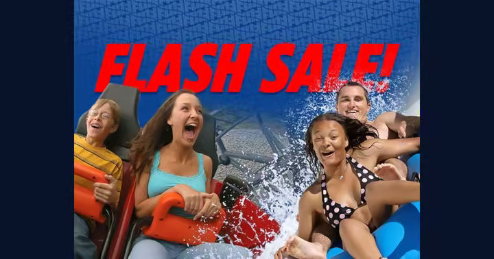 Six Flags flash sale artwork with coaster riders and water park riders