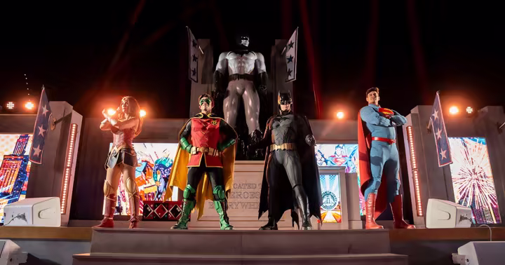 DC characters pose at Six Flags Magic Mountain for DC Heroes and Villains Fest