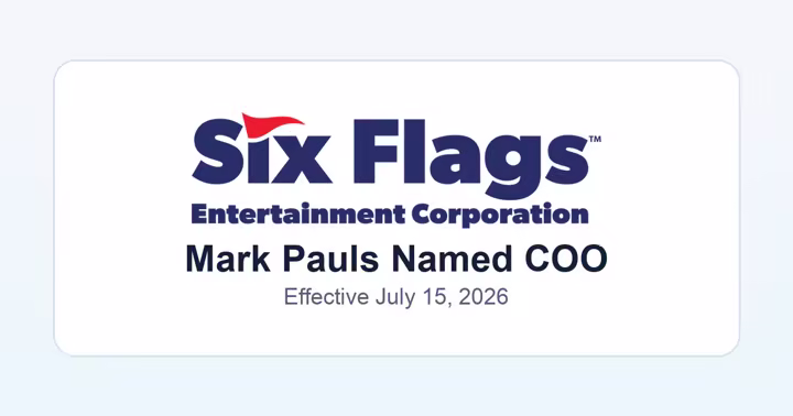 Six Flags corporate logo with Mark Pauls named COO text