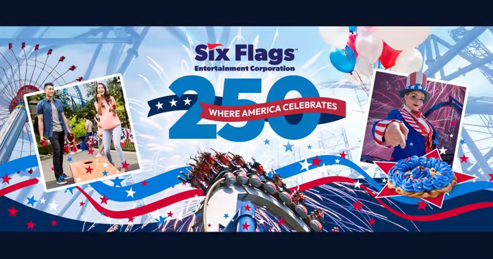 Six Flags America 250 event artwork with a coaster, fireworks, food, balloons, and patriotic performers