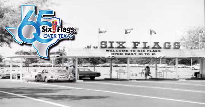 Six Flags Over Texas 65th anniversary logo over a historic photograph of the park entrance