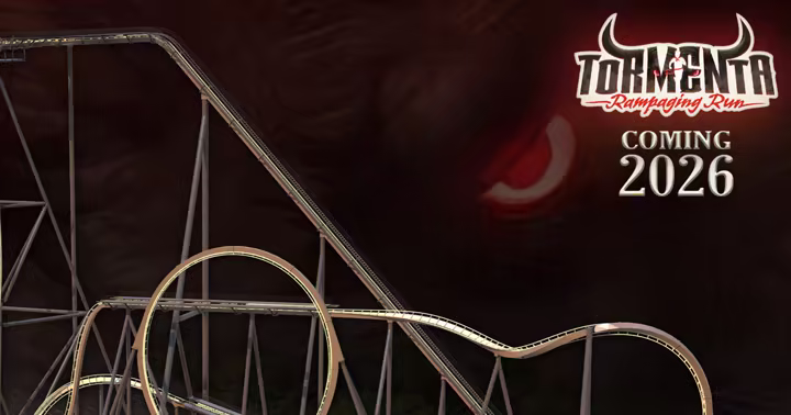 Official Tormenta Rampaging Run rendering with the coaster layout and ride logo at Six Flags Over Texas