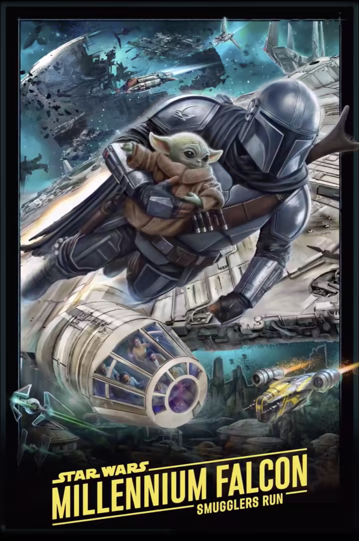 Millennium Falcon: Smugglers Run poster artwork featuring the Mandalorian, Grogu, and the Millennium Falcon