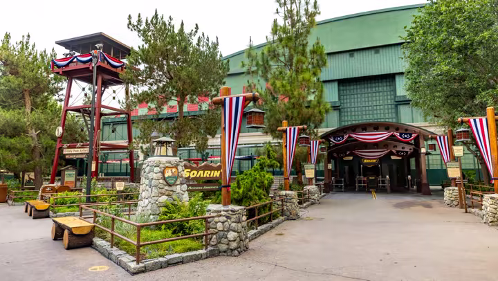 Soarin' Across America entrance at Disney California Adventure with patriotic bunting