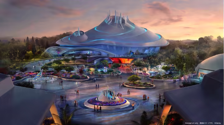 Disney concept art of Space Mountain Earthrise and Tomorrowland Plaza at Tokyo Disneyland.