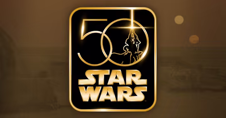Gold Star Wars 50th anniversary logo over a Tatooine landscape