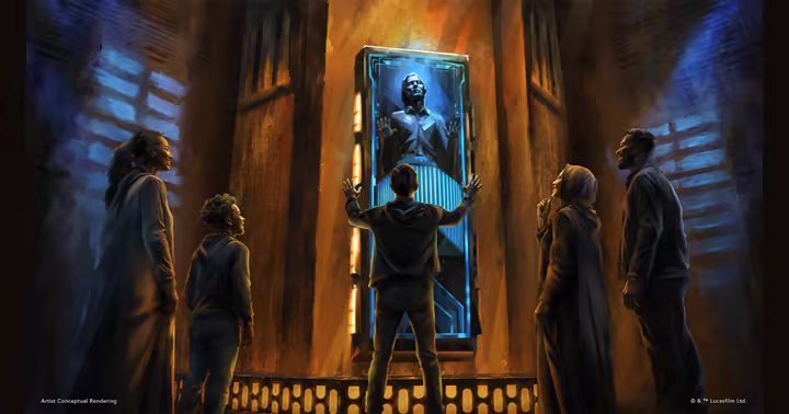 Concept rendering of a visitor using the Carbon Freeze Capture exhibit beside Han Solo in carbonite