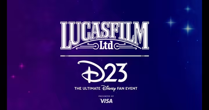 Lucasfilm and D23 logos on a blue and purple background