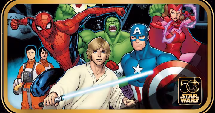 Luke Skywalker stands with Spider-Man, Hulk, Captain America and Scarlet Witch