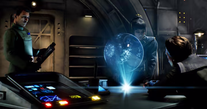 A Star Wars Zero Company squad studies a holographic map aboard its ship